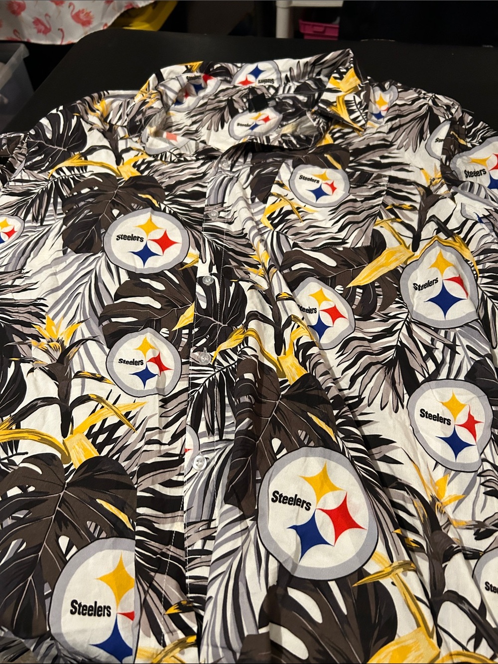 Pittsburgh Steelers Tropical Button-Up Shirt in Black, White & Yellow